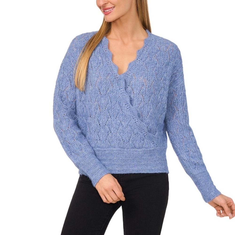 CeCe Blue Rain Pointelle Knit Faux Wrap Sweater 7064209 Scalloped V-Neck Large